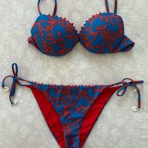 Calzedonia Blue and Red Coral Print Bikini with Shell and Bead Details
